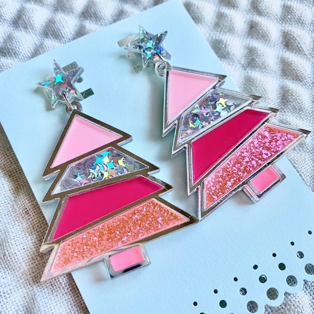 New Pink Christmas Tree Star Confetti Glitter Acrylic Earrings - 2.75”